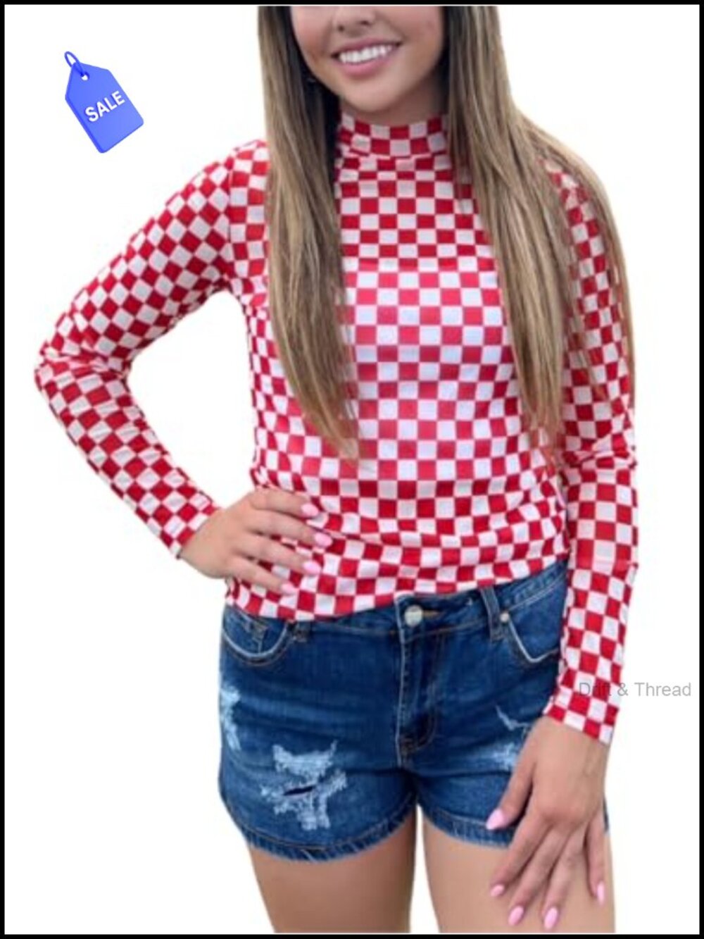 Womens Checkered Mesh Shirt Sheer Mock Neck Long Sleeve Bodycon Top